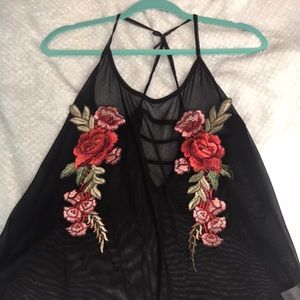 💋SEXY Black sheer lace top with roses LARGE💋